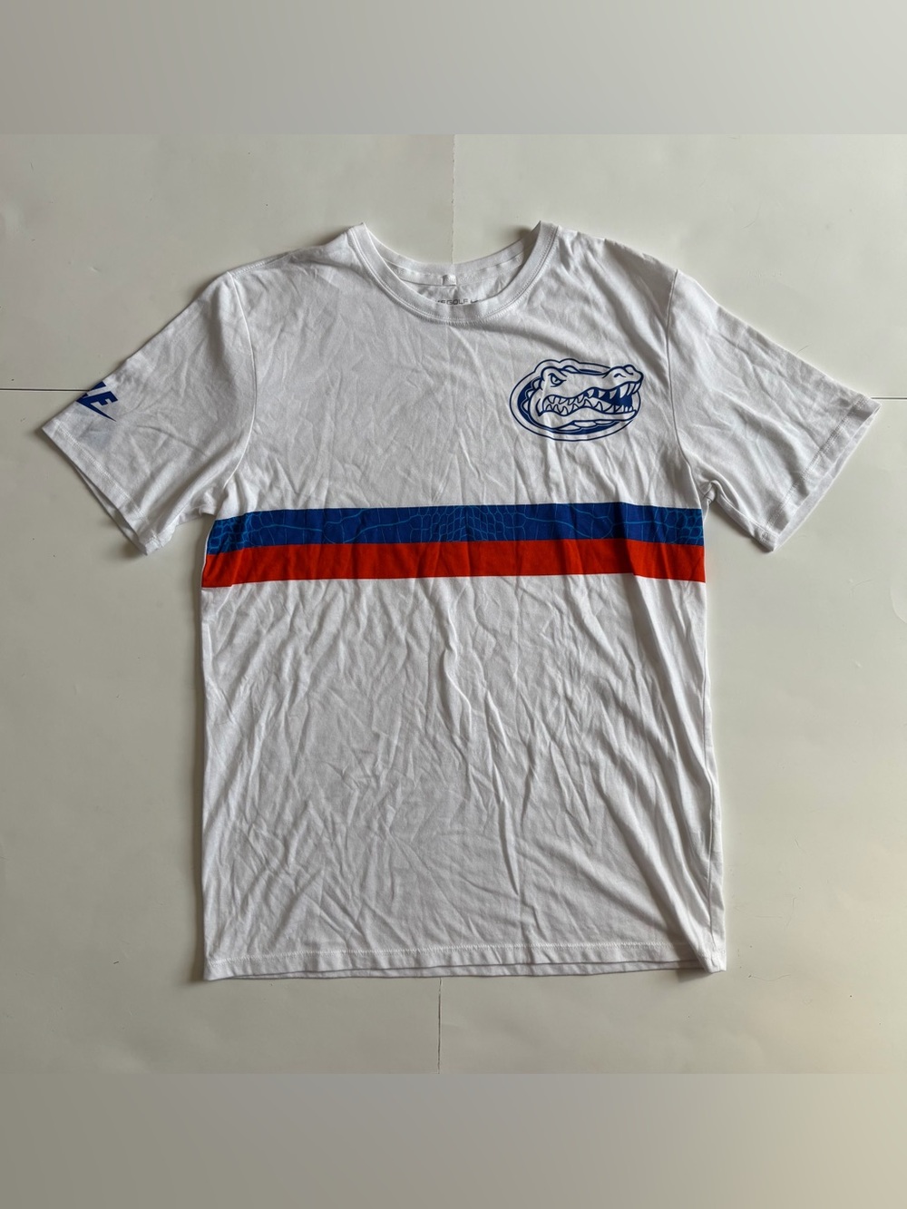 Nike Dri Fit Golf Gators White Short Sleeve Tee with Blue & Orange Chest Stripes
